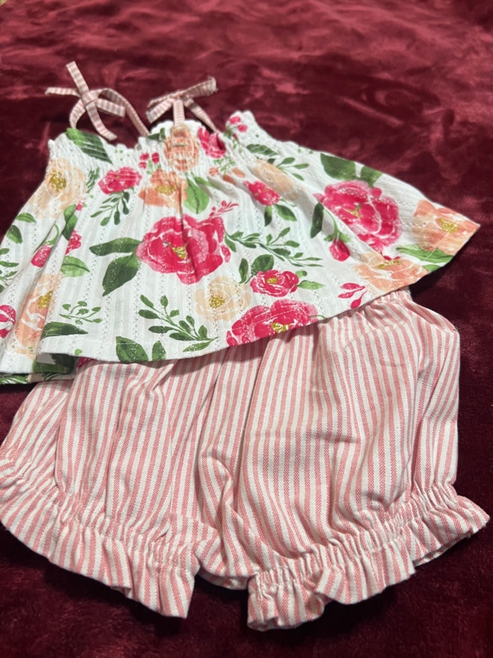 NWT Mudpie 6-9m Floral White Smocked Tank with Pink Striped Bloomers